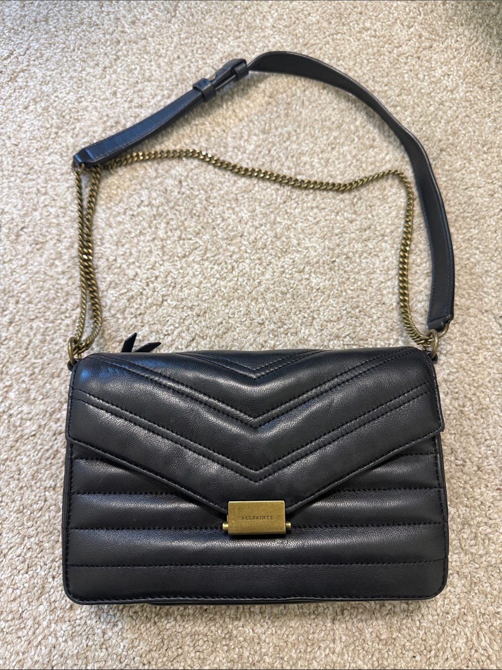 All Saints Black Quilted Leather Crossbody with Gold Chain